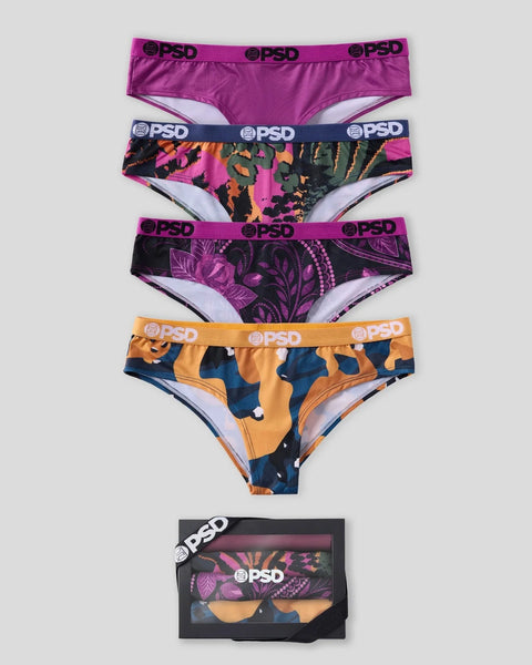 Four PSD briefs in purple solid, colorful floral, purple paisley, and orange camouflage patterns with branded waistbands.