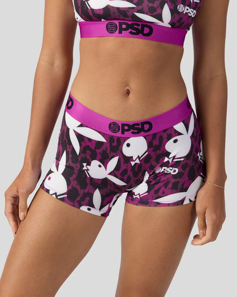 Purple and white Playboy bunny print sports bra and boy short set with PSD waistband.