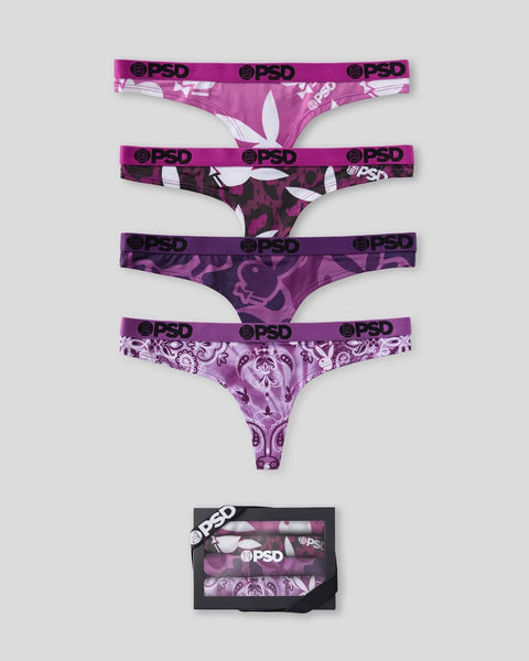 Four purple PSD briefs with varying Playboy-inspired prints and elastic waistband, displayed individually and packaged in bla