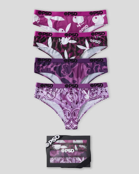 Four purple briefs with Playboy bunny logos and varying patterns including solids, leopard print, and ornamental designs, dis