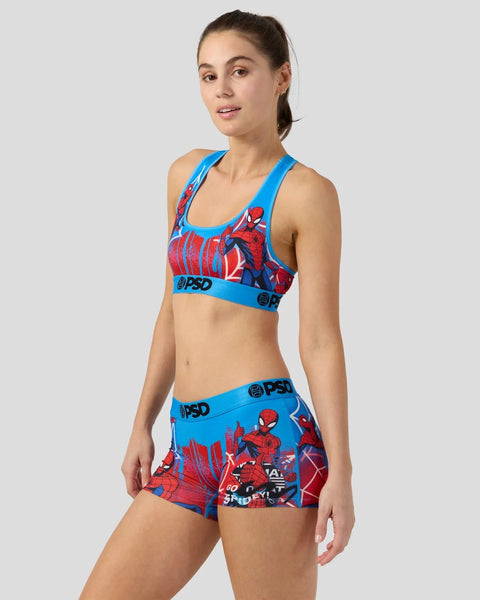 Blue and red Spider-Man sports bra and shorts set with character graphics and text.