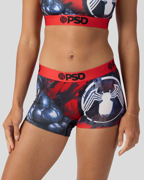 Red and black PSD underwear set with Venom character print and red elastic waistband.