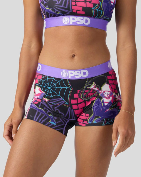 PSD sports bra and underwear set with Ghost-Spider character print in purple, pink, and black with web and brick patterns.