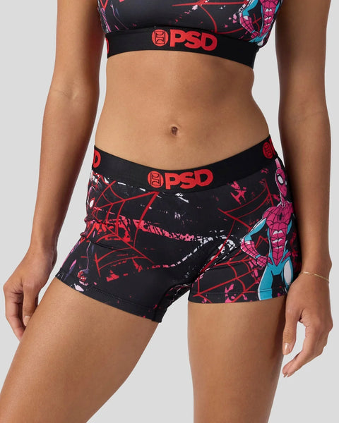 PSD Spider-Man sports bra and shorts set with red web pattern and black elastic bands.