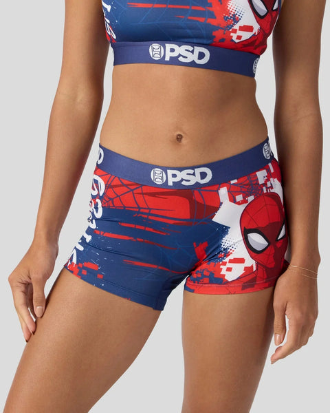 PSD Spider-Man underwear with red and blue color blocking, featuring Spider-Man mask graphic and PSD waistband.