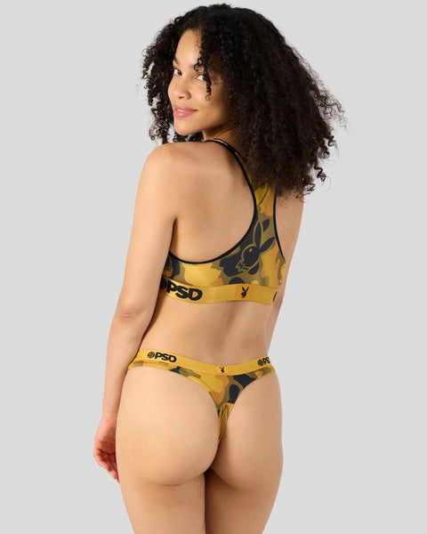 Gold and black Playboy-branded two-piece lingerie set with rabbit logo print and elastic waistbands.