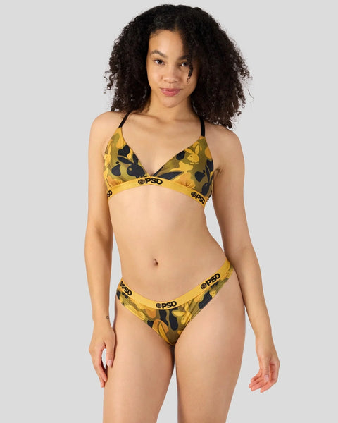 Gold and black patterned two-piece bikini with branded waistband and halter top.