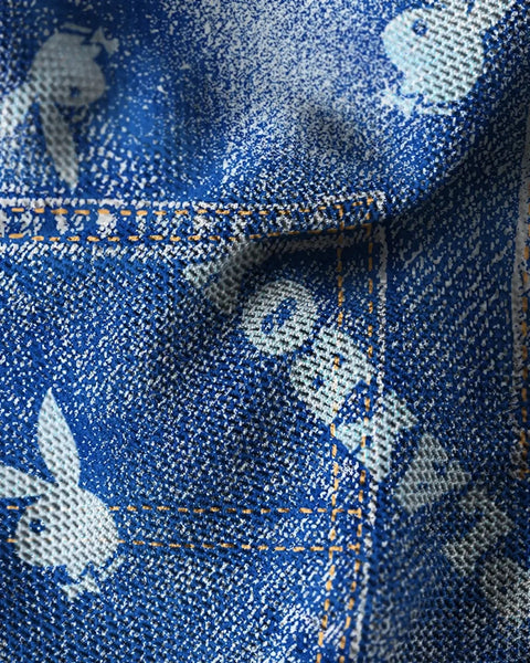 Blue denim mesh fabric with white diamond pattern and gold topstitching detail.