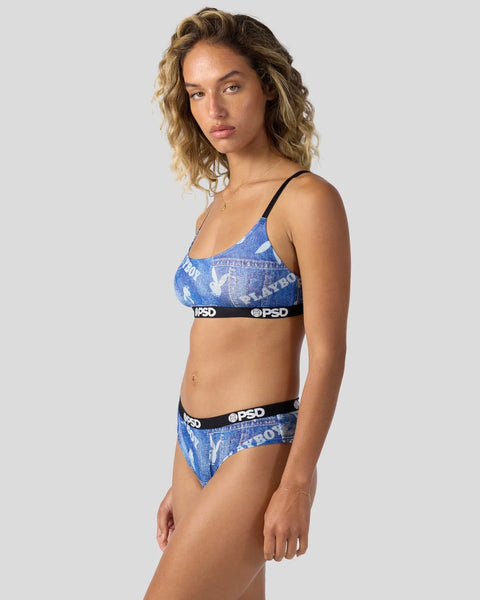 Blue denim mesh bra and briefs set with Playboy branding and black elastic waistbands.