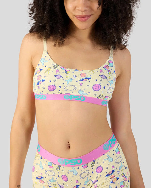 Cream-colored modal bra and underwear set with colorful space-themed print including planets, rockets, and stars, pink elasti