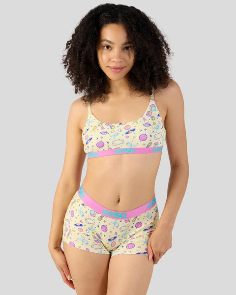 Yellow modal bralette and shorts set with colorful space-themed print and pink and blue trim.