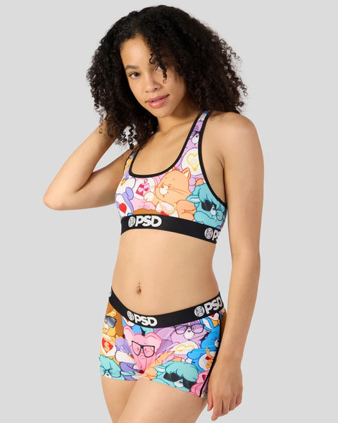 Care Bears sports bra and shorts set with colorful character print and black elastic waistbands.