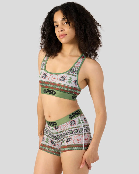 Green and white bra and shorts set with Care Bears and holiday knit pattern design.