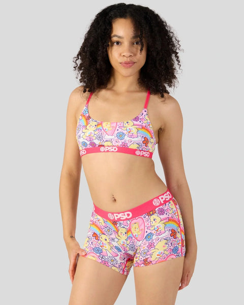 Care Bears Self-Care Bear two-piece bra and shorts set with colorful character print and pink trim.