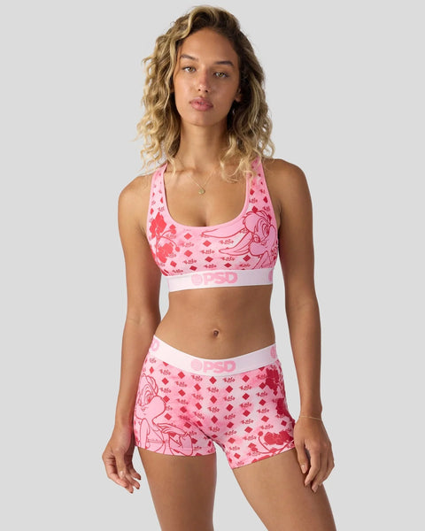 Pink sports bra and shorts set with Looney Tunes character print and 