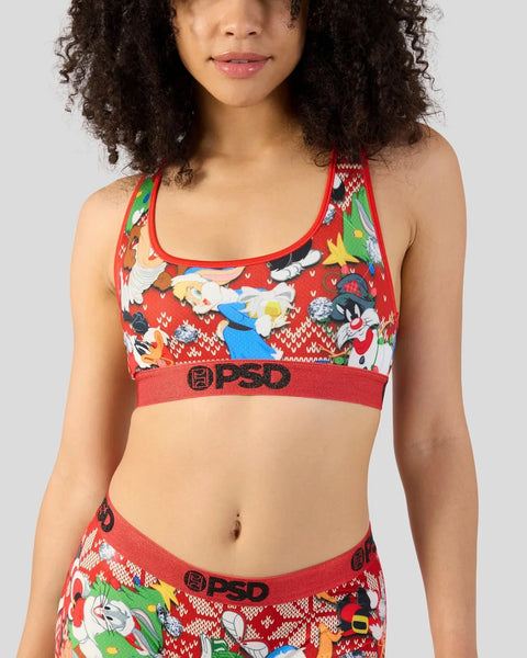Red sports bra with Looney Tunes holiday characters and PSD waistband.