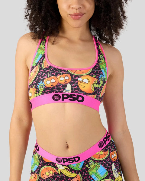 Rick and Morty themed sports bra with bright pink trim and cartoon characters in orange, yellow, and green on dark background