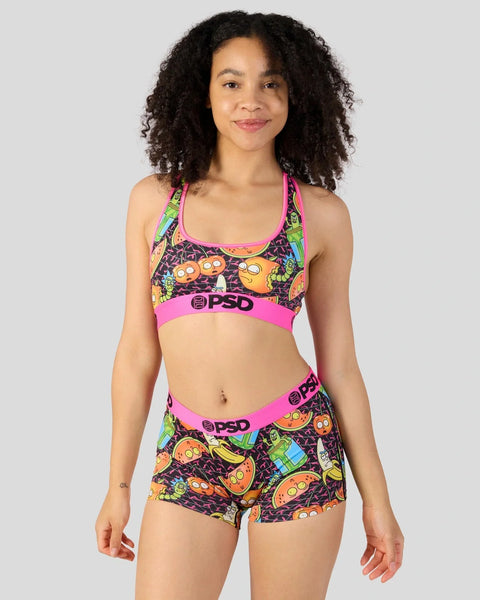 PSD sports bra and shorts set with colorful Rick and Morty character print and neon pink accents.