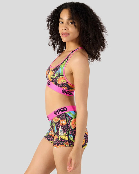 Colorful two-piece swimsuit with Rick and Morty character print, neon pink trim, and matching band details.