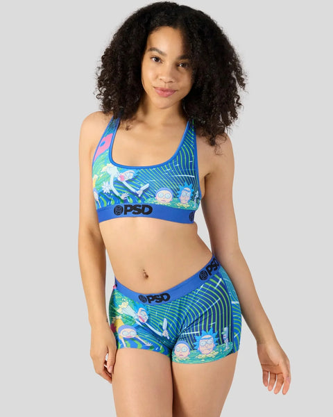 Blue sports bra and shorts set with Rick and Morty characters and striped pattern, OPSD branding on waistband.