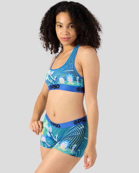 Blue sports bra and shorts set with Rick and Morty characters and striped pattern design.