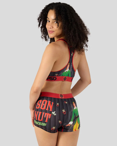 Black sports bra and shorts set with red trim and character print design from the 