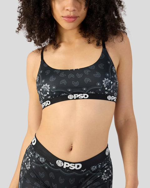 Black bandana-print bra with PSD waistband and ornamental leaf and floral details throughout.
