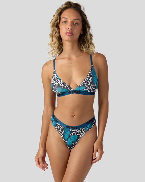 Two-piece bikini with leopard print and turquoise butterfly design, blue straps and trim.