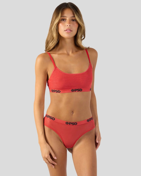 Red mesh bra and brief set with PSD branded elastic waistbands.