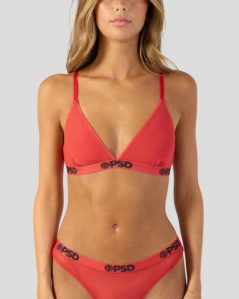 Red mesh bra and briefs set with PSD branding on elastic bands.