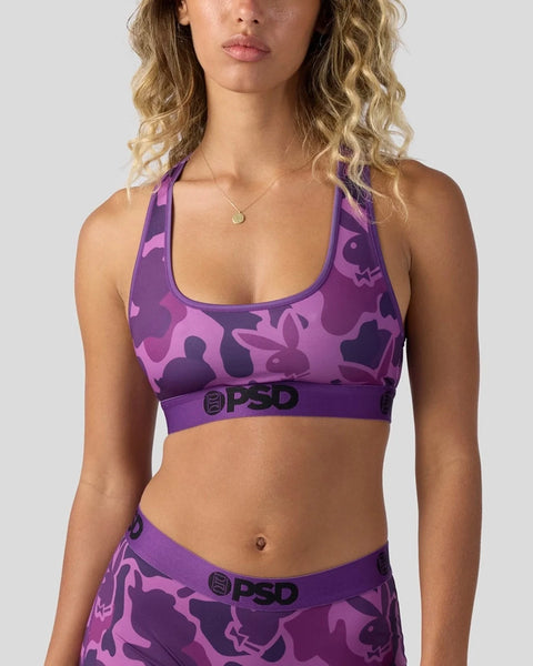 Purple and pink camouflage sports bra with Playboy bunny logo and PSD waistband on matching briefs.