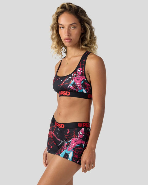 Black sports bra and shorts set with red and blue Spider-Man graphic print and PSD branding.