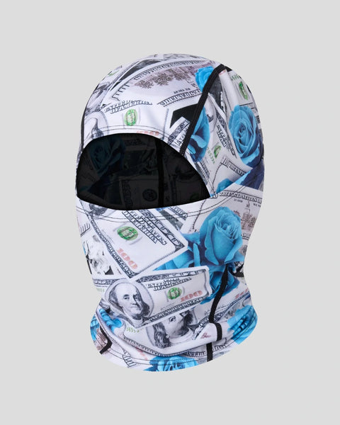 Balaclava with blue roses and dollar bill print pattern, black interior lining visible at openings.