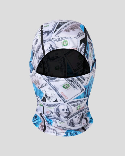 Balaclava with dollar bill and blue watercolor print pattern, black interior lining visible.