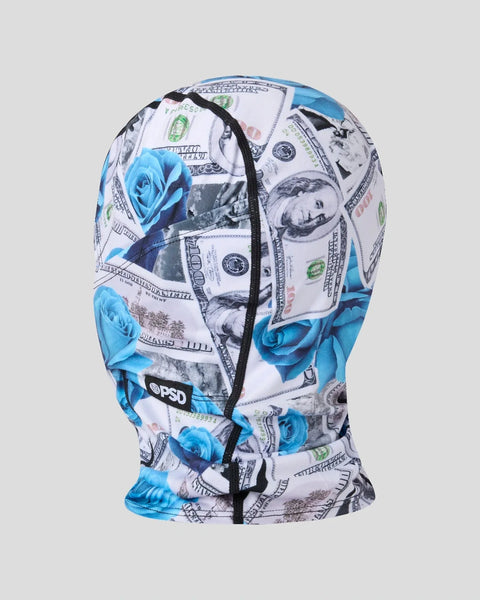 Balaclava with blue roses and dollar bill pattern, black center seam and OPSD logo patch.