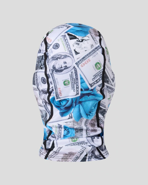 Balaclava with dollar bill and blue rose print throughout.