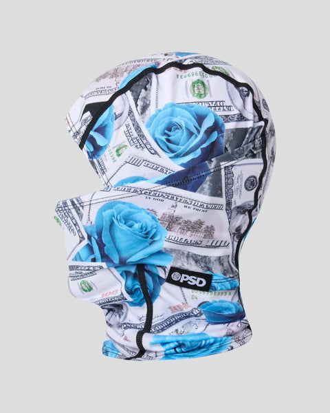 Blue roses and dollar bill print balaclava with black trim and PSD branding.