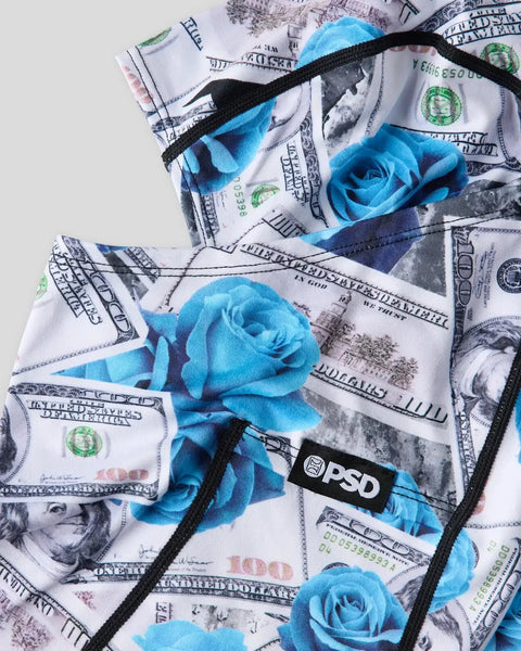 Blue roses printed on dollar bill pattern fabric with black trim and PSD waistband label.