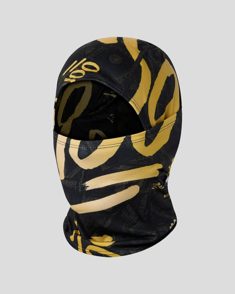 Black and gold balaclava with abstract geometric pattern and eye openings.