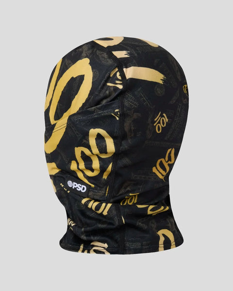 Black balaclava with large gold brushstroke pattern and PSD branding on front.