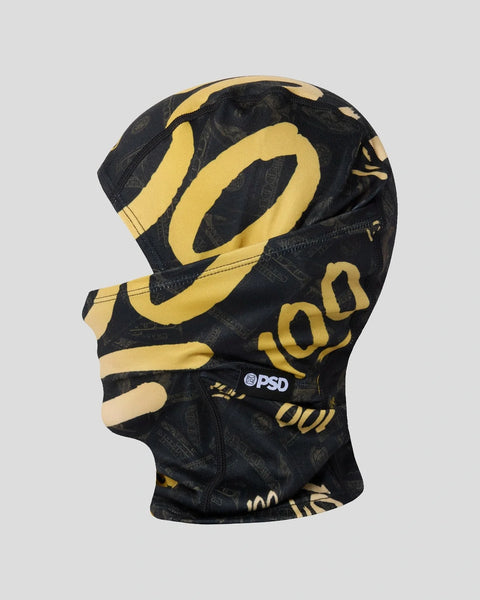 Black and gold balaclava with curved gold number pattern and PSD branding on lower front.