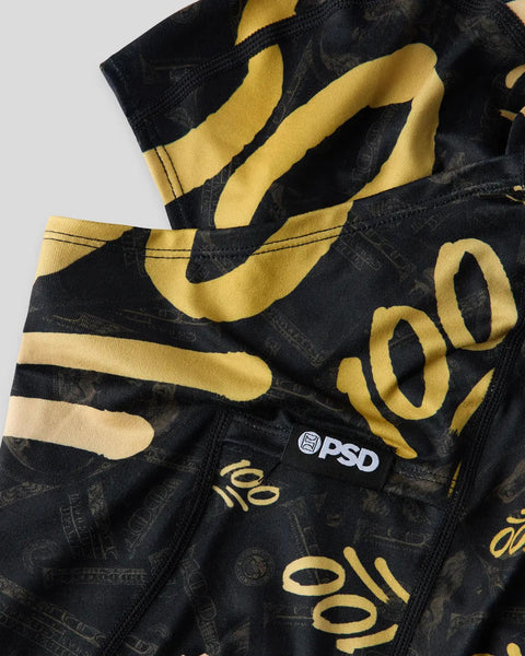 Black underwear with gold abstract shapes and PSD brand label visible on waistband.