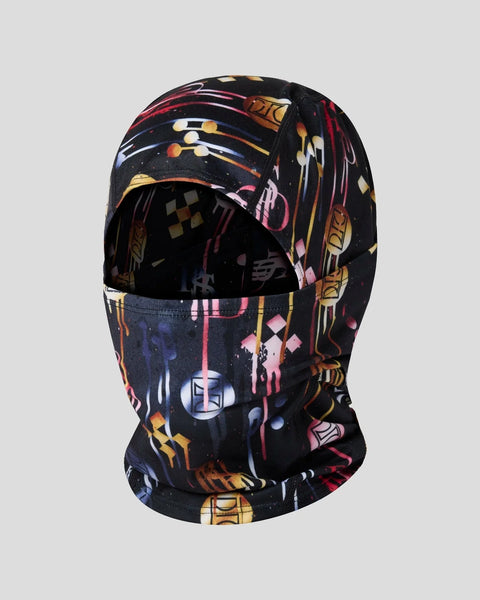 Black balaclava with multicolored abstract geometric and line patterns including pink, gold, and white designs.