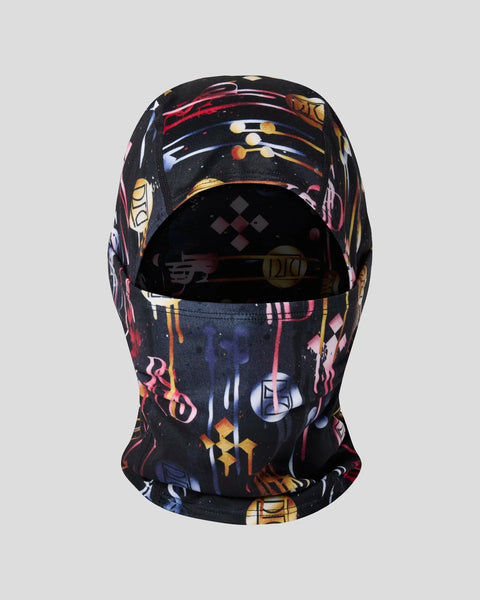 Black balaclava with colorful abstract patterns including red lines, gold diamonds, and geometric designs.