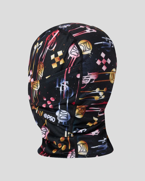 Black balaclava with multicolored abstract geometric and decorative patterns including pink, gold, and blue elements througho