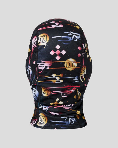 Black balaclava with colorful abstract geometric and line pattern design in pink, yellow, blue, and white.