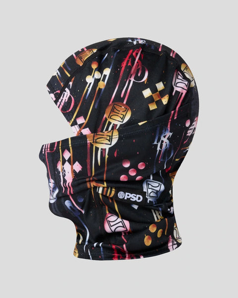 Black balaclava with colorful cosmetic brush and makeup pattern in pink, gold, and red tones.