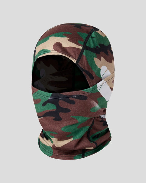 Camouflage balaclava in green, brown, and tan with eye and mouth openings and a zipper detail.