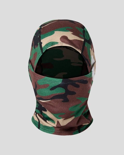 Camouflage balaclava in green, brown, and tan with openings for the eyes and mouth.