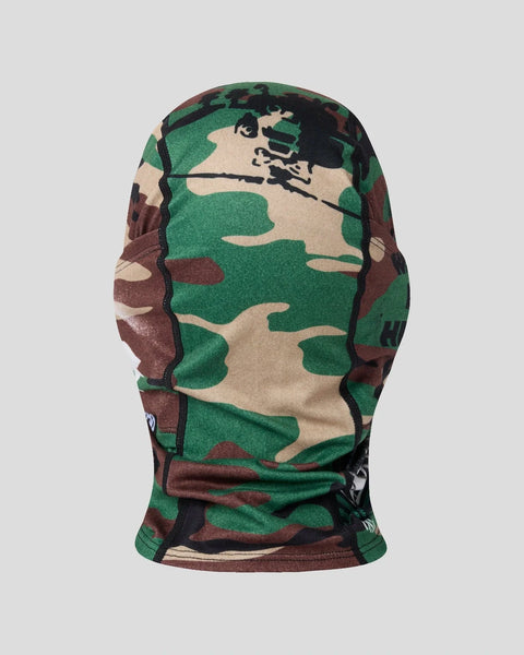Green, brown, and tan camouflage balaclava with black ribbed trim and embroidered logo detail.